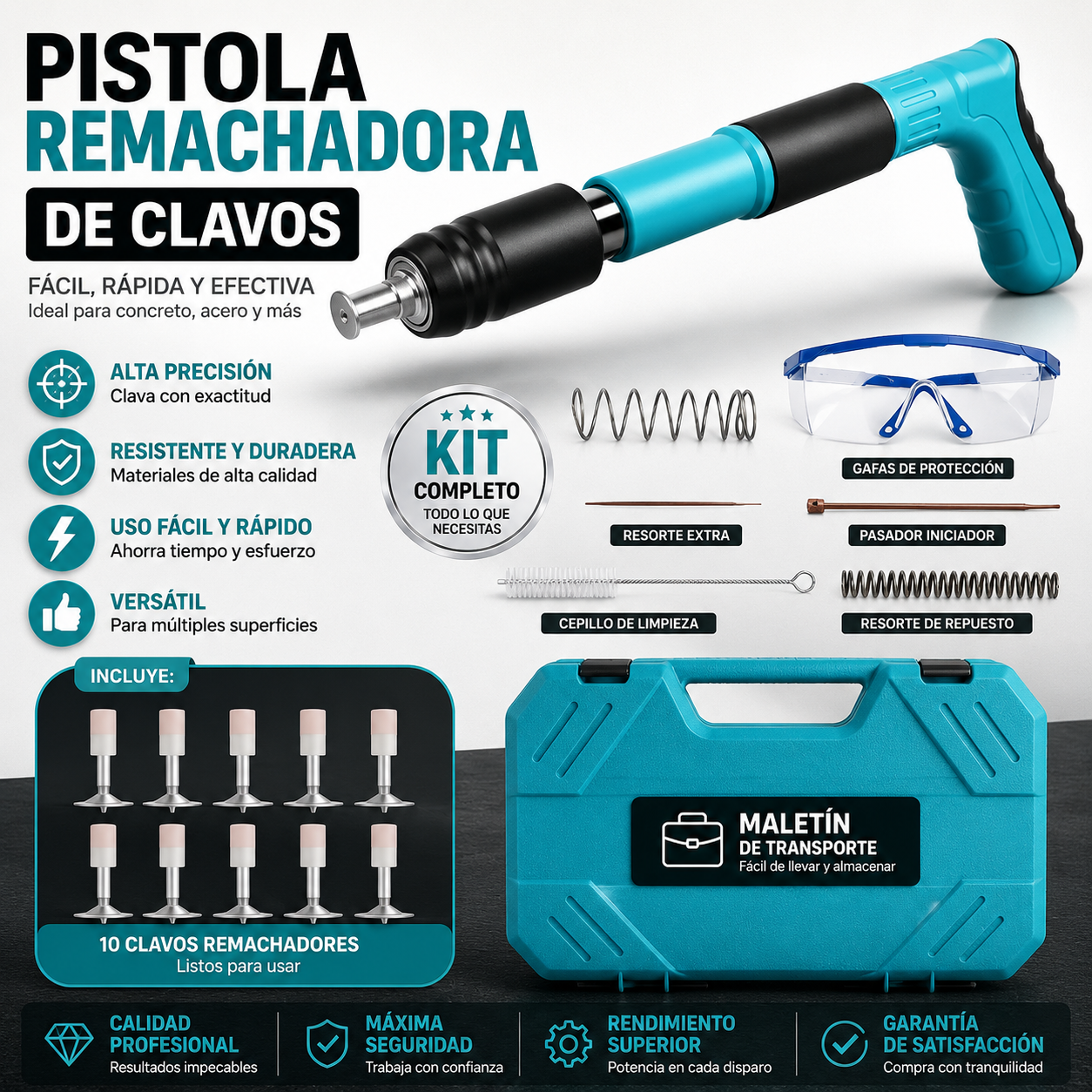 Pistola Remachadora de Clavos + Estuche con Guantes+Gafas Protectoras+Clavos Regalo 🎁